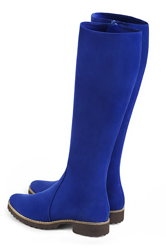 Electric blue women's riding knee-high boots. Round toe. Flat rubber soles. Made to measure. Top view - Florence KOOIJMAN